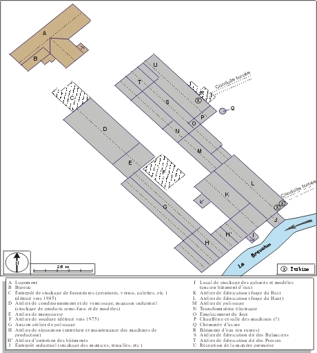 Plan-masse de l'usine. Extrait du plan cadastral, 2004, section AC, 1:1000 agrandi à 1:750. © André Céréza / Région Bourgogne-Franche-Comté, Inventaire du patrimoine - 2005 Plan-masse de l'usine. Extrait du plan cadastral, 2004, section AC, 1:1000 agrandi à 1:750. © André Céréza / Région Bourgogne-Franche-Comté, Inventaire du patrimoine - 2005
