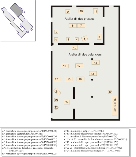 Plan de localisation des machines de la ligne de fabrication des outils non forgés. © André Céréza / Région Bourgogne-Franche-Comté, Inventaire du patrimoine - 2005 Plan de localisation des machines de la ligne de fabrication des outils non forgés. © André Céréza / Région Bourgogne-Franche-Comté, Inventaire du patrimoine - 2005