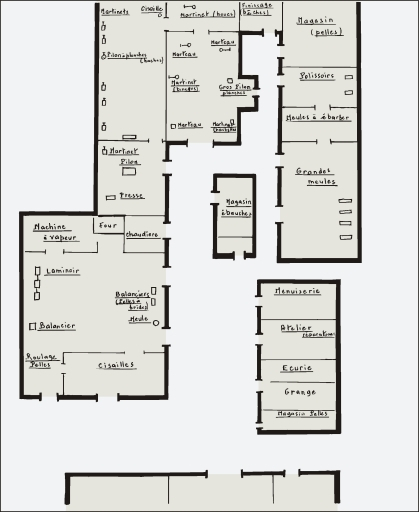 Schéma de localisation des machines en 1920. © André Céréza / Région Bourgogne-Franche-Comté, Inventaire du patrimoine - 2005 Schéma de localisation des machines en 1920. © André Céréza / Région Bourgogne-Franche-Comté, Inventaire du patrimoine - 2005