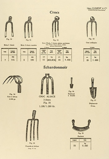 Outils vendus par la société dans les années 1960 : crocs, échardonnoirs. © Jérôme Mongreville / Région Bourgogne-Franche-Comté, Inventaire du patrimoine - 2005 Outils vendus par la société dans les années 1960 : crocs, échardonnoirs. © Jérôme Mongreville / Région Bourgogne-Franche-Comté, Inventaire du patrimoine - 2005