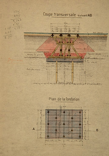Exploitation militaire du Canal du Rhône au Rhin. Installation de transbordement au port des Près-de-Vaux, à Besançon. Projet définitif. Dessins de l'appontement [détail : plan et coupe transversale], 1918. © Yves Sancey / Région Bourgogne-Franche-Comté, Inventaire du patrimoine - 2006