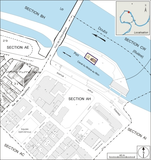 Plan-masse et de situation. Extrait du plan cadastral, 2006, section AH. © André Céréza / Région Bourgogne-Franche-Comté, Inventaire du patrimoine - 2006