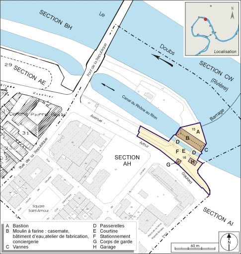 Plan-masse et de situation. Extrait du plan cadastral, 2006, section AH. © André Céréza / Région Bourgogne-Franche-Comté, Inventaire du patrimoine - 2006 Plan-masse et de situation. Extrait du plan cadastral, 2006, section AH. © André Céréza / Région Bourgogne-Franche-Comté, Inventaire du patrimoine - 2006