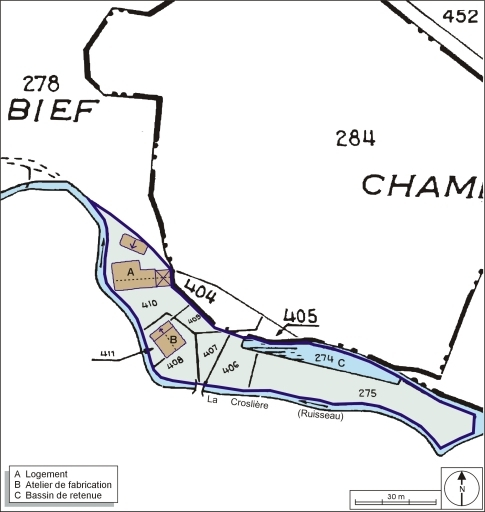 Plan-masse et de situation. Extrait du plan cadastral numérisé, 2005, section B, 1:2500 agrandi à 1:1000. © André Céréza / Région Bourgogne-Franche-Comté, Inventaire du patrimoine - 2006
