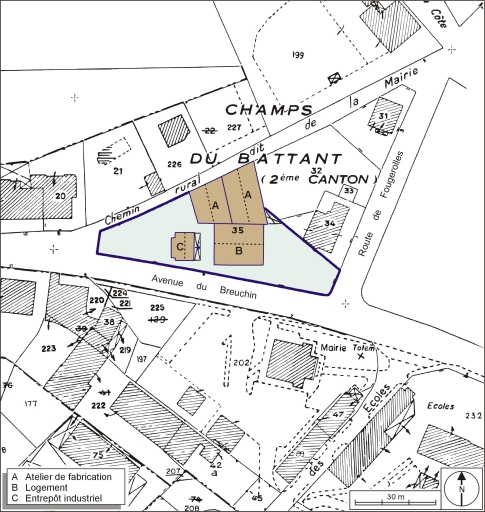 Plan-masse et de situation. Extrait du plan cadastral numérisé, 2005, section AC, 1:1000. © André Céréza / Région Bourgogne-Franche-Comté, Inventaire du patrimoine - 2006