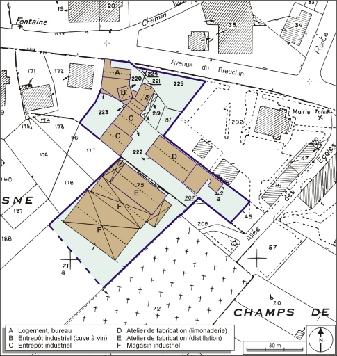 Plan-masse et de situation. Extrait du plan cadastral numérisé, 2005, section AC, 1:1000. © André Céréza / Région Bourgogne-Franche-Comté, Inventaire du patrimoine - 2006