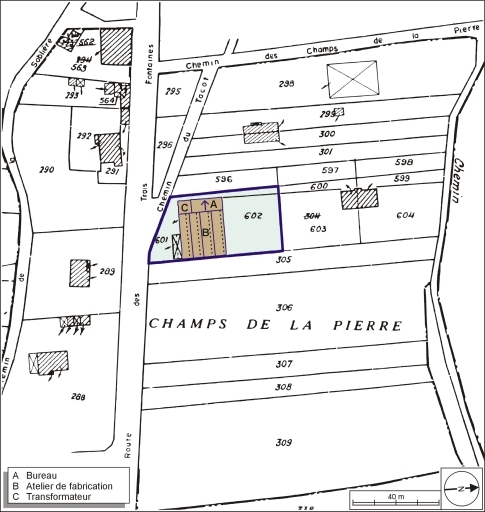 Plan-masse et de situation. Extrait du plan cadastral numérisé, 2005, section B, 1:1250. © André Céréza / Région Bourgogne-Franche-Comté, Inventaire du patrimoine - 2006