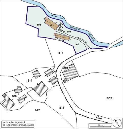 Plan-masse et de situation. Extrait du plan cadastral numérisé, 2005, section A, 1:1250 agrandi à 1:1000. © André Céréza / Région Bourgogne-Franche-Comté, Inventaire du patrimoine - 2006