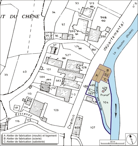 Plan-masse et de situation. Extrait du plan cadastral numérisé, 2005, section A, 1:1250 agrandi à 1:1000. © André Céréza / Région Bourgogne-Franche-Comté, Inventaire du patrimoine - 2006