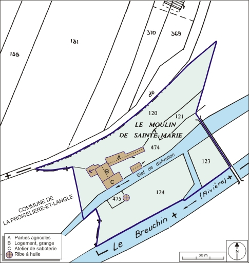 Plan-masse et de situation. Extrait du plan cadastral numérisé, 2005, section A, 1:1250 agrandi à 1:1000. © André Céréza / Région Bourgogne-Franche-Comté, Inventaire du patrimoine - 2006