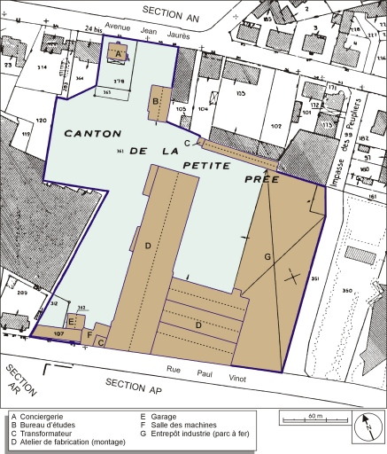 Plan-masse et de situation. Extrait du plan cadastral numérisé, 2005, section AO, 1:1000 réduit à 1:2000. © André Céréza / Région Bourgogne-Franche-Comté, Inventaire du patrimoine - 2006