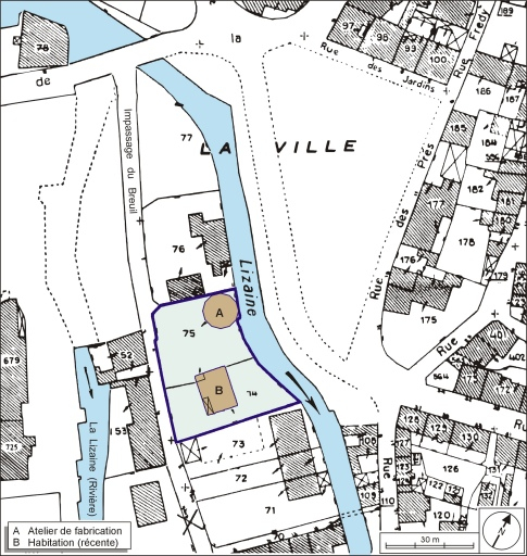 Plan-masse et de situation. Extrait du plan cadastral numérisé, 2005, section AR, 1:1000. © André Céréza / Région Bourgogne-Franche-Comté, Inventaire du patrimoine - 2006