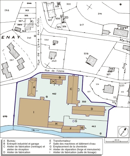 Plan-masse de l'usine. Extrait du plan cadastral numérisé, 2006, section AB, 1:1000. © André Céréza / Région Bourgogne-Franche-Comté, Inventaire du patrimoine - 2006