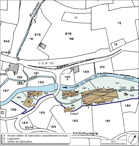 Plan-masse et de situation. Extrait du plan cadastral numérisé, 2005, section B, 1:2000 agrandi à 1:1500. © André Céréza / Région Bourgogne-Franche-Comté, Inventaire du patrimoine - 2006