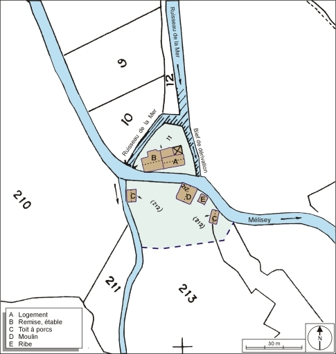 Plan-masse et de situation. Assemblages d'extraits de plans cadastraux numérisés, 2005, sections A et D, 1:2000 agrandi à 1:1000. © André Céréza / Région Bourgogne-Franche-Comté, Inventaire du patrimoine - 2006