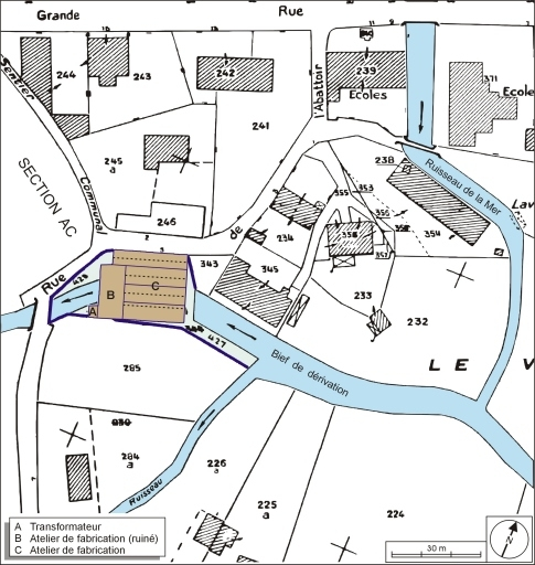 Plan-masse et de situation. Extrait du plan cadastral numérisé, 2005, section AB, 1:2000 agrandi à 1:1000. © André Céréza / Région Bourgogne-Franche-Comté, Inventaire du patrimoine - 2006