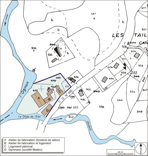 Plan-masse et de situation. Extrait du plan cadastral numérisé, 2005, section L, 1:2000. © André Céréza / Région Bourgogne-Franche-Comté, Inventaire du patrimoine - 2006