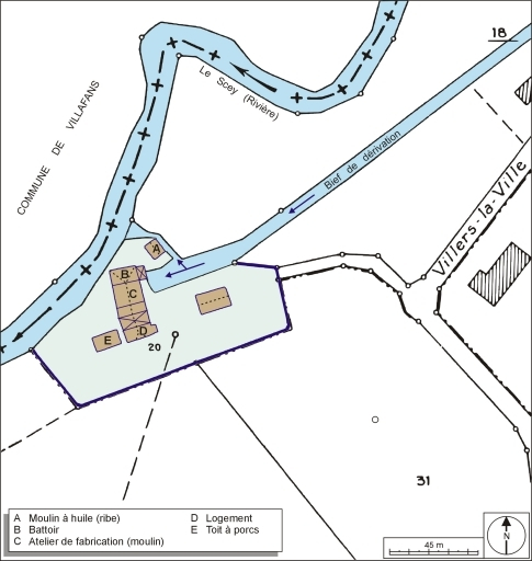 Plan-masse et de situation. Extrait du plan cadastral numérisé, 2006, section ZA, 1:1200 agrandi à 1:1500. © André Céréza / Région Bourgogne-Franche-Comté, Inventaire du patrimoine - 2006