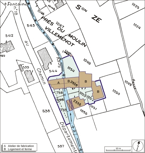Plan-masse et de situation. Extrait du plan cadastral numérisé, 2005, section A, 1:1250 agrandi à 1:1000. © André Céréza / Région Bourgogne-Franche-Comté, Inventaire du patrimoine - 2006