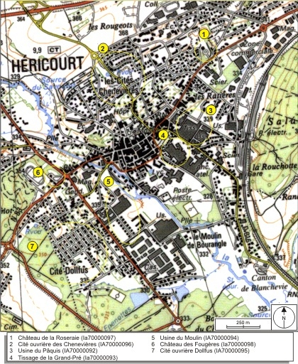 Plan de localisation des sites à Héricourt. © André Céréza / Région Bourgogne-Franche-Comté, Inventaire du patrimoine - 2006