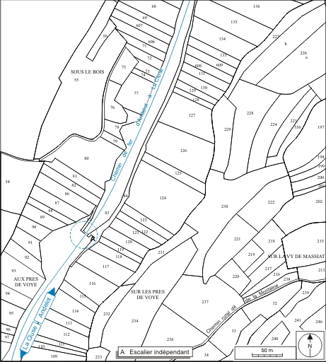 Plan-masse et de situation. Extrait du plan cadastral informatisé, 2006, section A, échelle 1:3000. © André Céréza / Région Bourgogne-Franche-Comté, Inventaire du patrimoine - 2007
