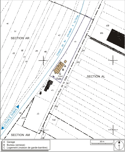 Plan-masse et de situation. Extrait du plan cadastral informatisé, 2006, sections AL, AM et AR, échelle 1:1000. © André Céréza / Région Bourgogne-Franche-Comté, Inventaire du patrimoine - 2007
