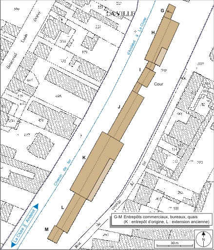 Plan-masse de la partie sud (gare des marchandises). Extrait du plan cadastral informatisé, 2006, section AH, échelle 1:1000. © André Céréza / Région Bourgogne-Franche-Comté, Inventaire du patrimoine - 2007