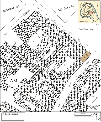 Plan masse et de situation. Extrait du plan cadastral, 1974, section AM. © André Céréza / Région Bourgogne-Franche-Comté, Inventaire du patrimoine - 2007
