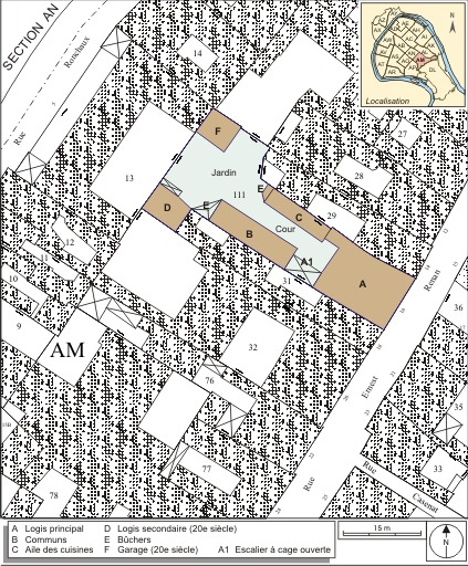 Plan masse et de situation. Extrait du plan cadastral, 1974, section AM. © André Céréza / Région Bourgogne-Franche-Comté, Inventaire du patrimoine - 2007