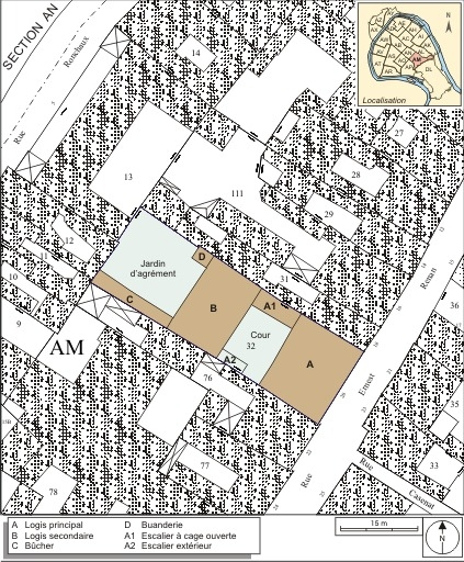 Plan masse et de situation. Extrait du plan cadastral, 1974, section AM. © André Céréza / Région Bourgogne-Franche-Comté, Inventaire du patrimoine - 2007