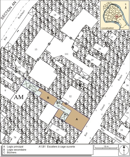Plan masse et de situation. Extrait du plan cadastral, 1974, section AM. © André Céréza / Région Bourgogne-Franche-Comté, Inventaire du patrimoine - 2007