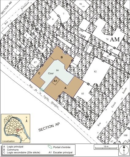 Plan masse et de situation. Extrait du plan cadastral, 1974, section AM. © André Céréza / Région Bourgogne-Franche-Comté, Inventaire du patrimoine - 2007