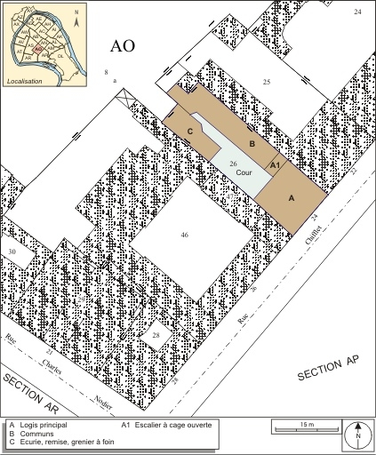 Plan masse et de situation Extrait du plan cadastral, 1993, section AO. © André Céréza / Région Bourgogne-Franche-Comté, Inventaire du patrimoine - 2007