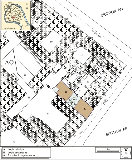 Plan masse et de situation. Extrait du plan cadastral, 1993, section AO. © André Céréza / Région Bourgogne-Franche-Comté, Inventaire du patrimoine - 2007