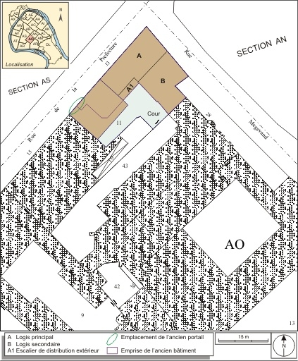 Plan masse et de situation. Extrait du plan cadastral, 1993, section AO. © André Céréza / Région Bourgogne-Franche-Comté, Inventaire du patrimoine - 2007