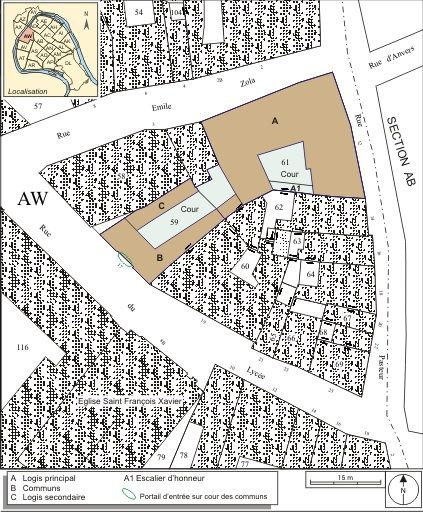Plan masse et de situation. Extrait du plan cadastral, 1974, section AW. © André Céréza / Région Bourgogne-Franche-Comté, Inventaire du patrimoine - 2007