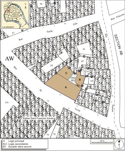 Plan masse et de situation. Extrait du plan cadastral, 1974, section AW. © André Céréza / Région Bourgogne-Franche-Comté, Inventaire du patrimoine - 2007