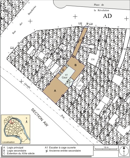 Plan masse et de situation. Extrait du plan cadastral, 1994, section AD. © André Céréza / Région Bourgogne-Franche-Comté, Inventaire du patrimoine - 2007