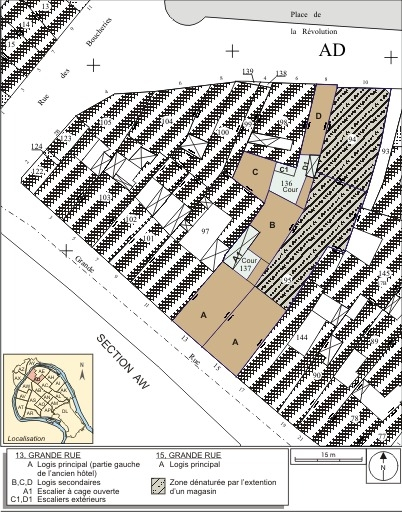 Plan masse et de situation. Extrait du plan cadastral, 1994, section AD. © André Céréza / Région Bourgogne-Franche-Comté, Inventaire du patrimoine - 2007