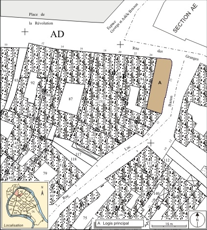 Plan masse et de situation. Extrait du plan cadastral, 1994, section AD. © André Céréza / Région Bourgogne-Franche-Comté, Inventaire du patrimoine - 2007