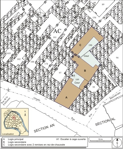 Plan masse et de situation. Extrait du plan cadastral, 1974, section AC. © André Céréza / Région Bourgogne-Franche-Comté, Inventaire du patrimoine - 2007