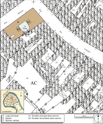 Plan masse et de situation. Extrait du plan cadastral, 1974, section AC. © André Céréza / Région Bourgogne-Franche-Comté, Inventaire du patrimoine - 2007