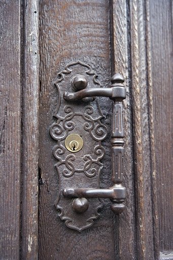 Détail de la poignée de porte du portail d'entrée, 9 rue Charles Nodier. © Yves Sancey / Région Bourgogne-Franche-Comté, Inventaire du patrimoine - 2007