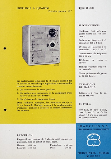 [Exemple d'appareil du département Oscilloquartz :] Horloge à quartz type B-288, vers 1955. © Yves Sancey / Région Bourgogne-Franche-Comté, Inventaire du patrimoine - 2007