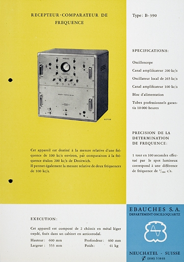 [Exemple d'appareil du département Oscilloquartz :] Récepteur-comparateur de fréquence type B-390, vers 1955. © Yves Sancey / Région Bourgogne-Franche-Comté, Inventaire du patrimoine - 2007