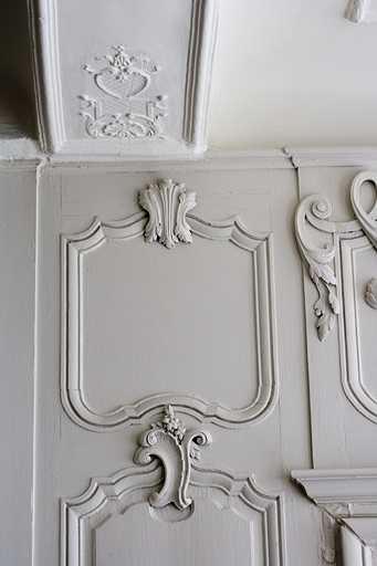 Intérieur, rez-de-chaussée : détail d'un motif du plafond du salon et d'un motif des lambris. © Yves Sancey / Région Bourgogne-Franche-Comté, Inventaire du patrimoine - 2007
