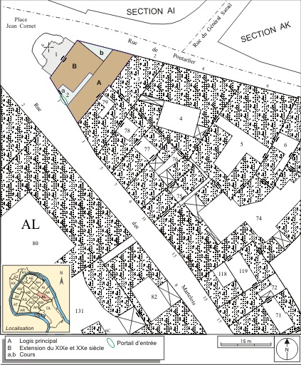 Plan masse et de situation. Extrait du plan cadastral, 1974, section AL. © André Céréza / Région Bourgogne-Franche-Comté, Inventaire du patrimoine - 2007