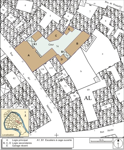 Plan masse et de situation. Extrait du plan cadastral, 1974, section AL. © André Céréza / Région Bourgogne-Franche-Comté, Inventaire du patrimoine - 2007
