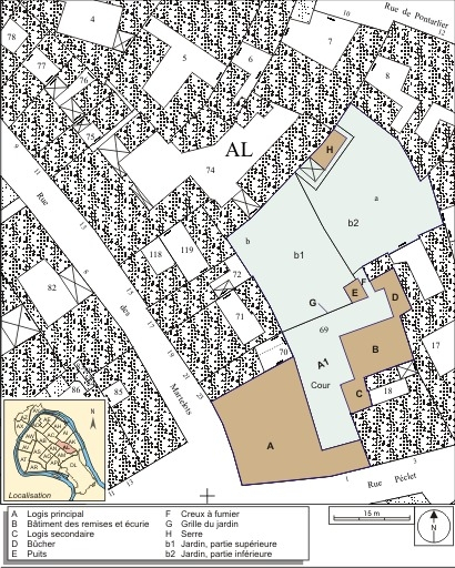 Plan masse et de situation. Extrait du plan cadastral, 1974, section AL. © André Céréza / Région Bourgogne-Franche-Comté, Inventaire du patrimoine - 2007