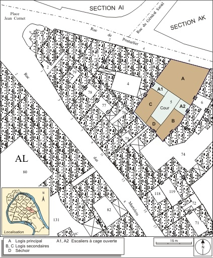 Plan masse et de situation. Extrait du plan cadastral, 1974, section AL. © André Céréza / Région Bourgogne-Franche-Comté, Inventaire du patrimoine - 2007